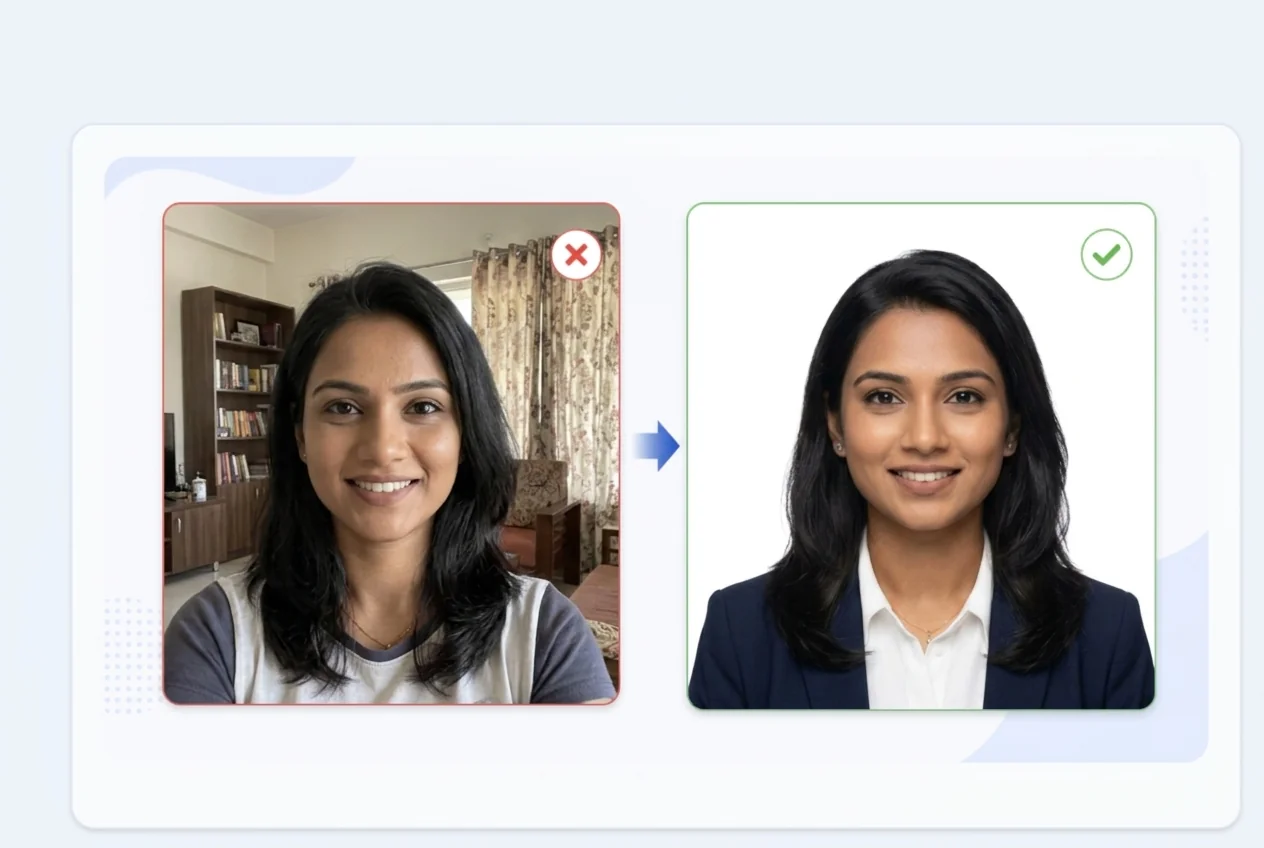 Before and after portrait background cleanup example for passport-style photo preparation