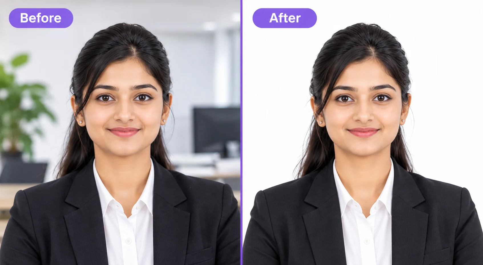 Before and after example of passport-style photo preparation using PhotocopyWale