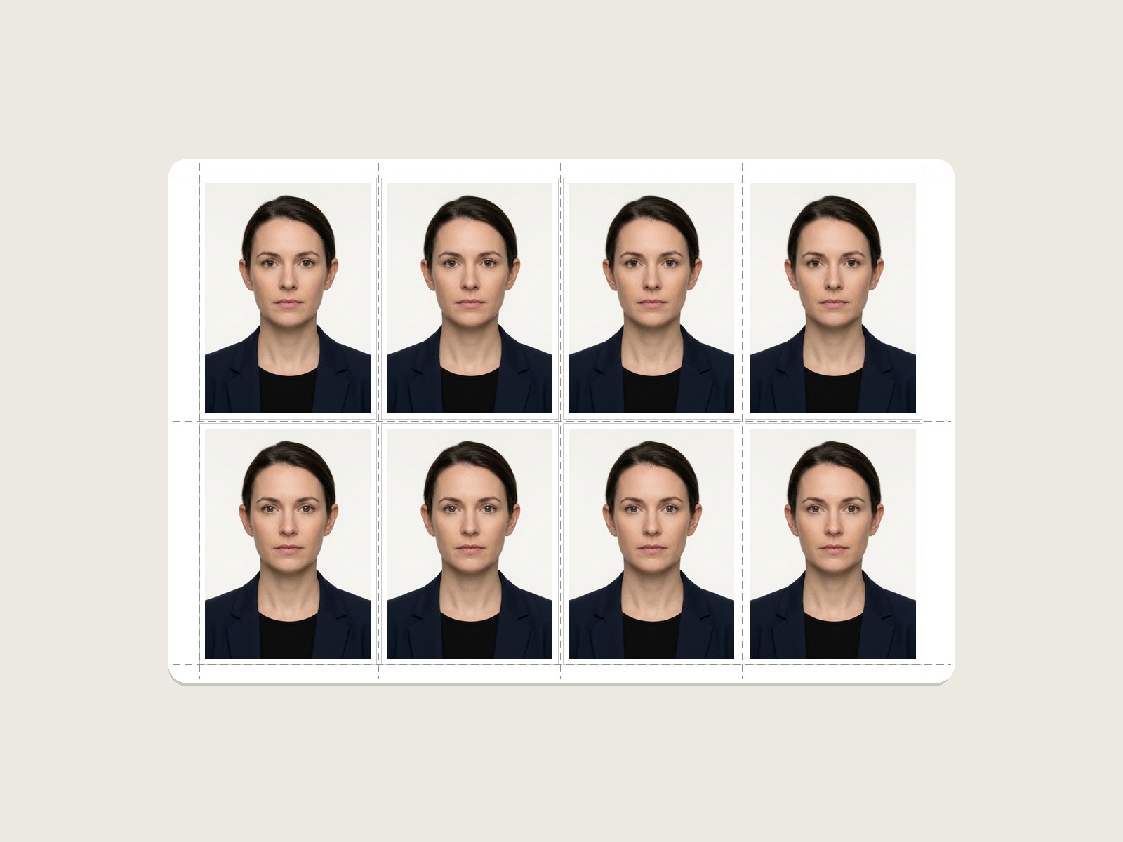 Illustrative four-column by two-row passport photo layout on 4 by 6 inch paper