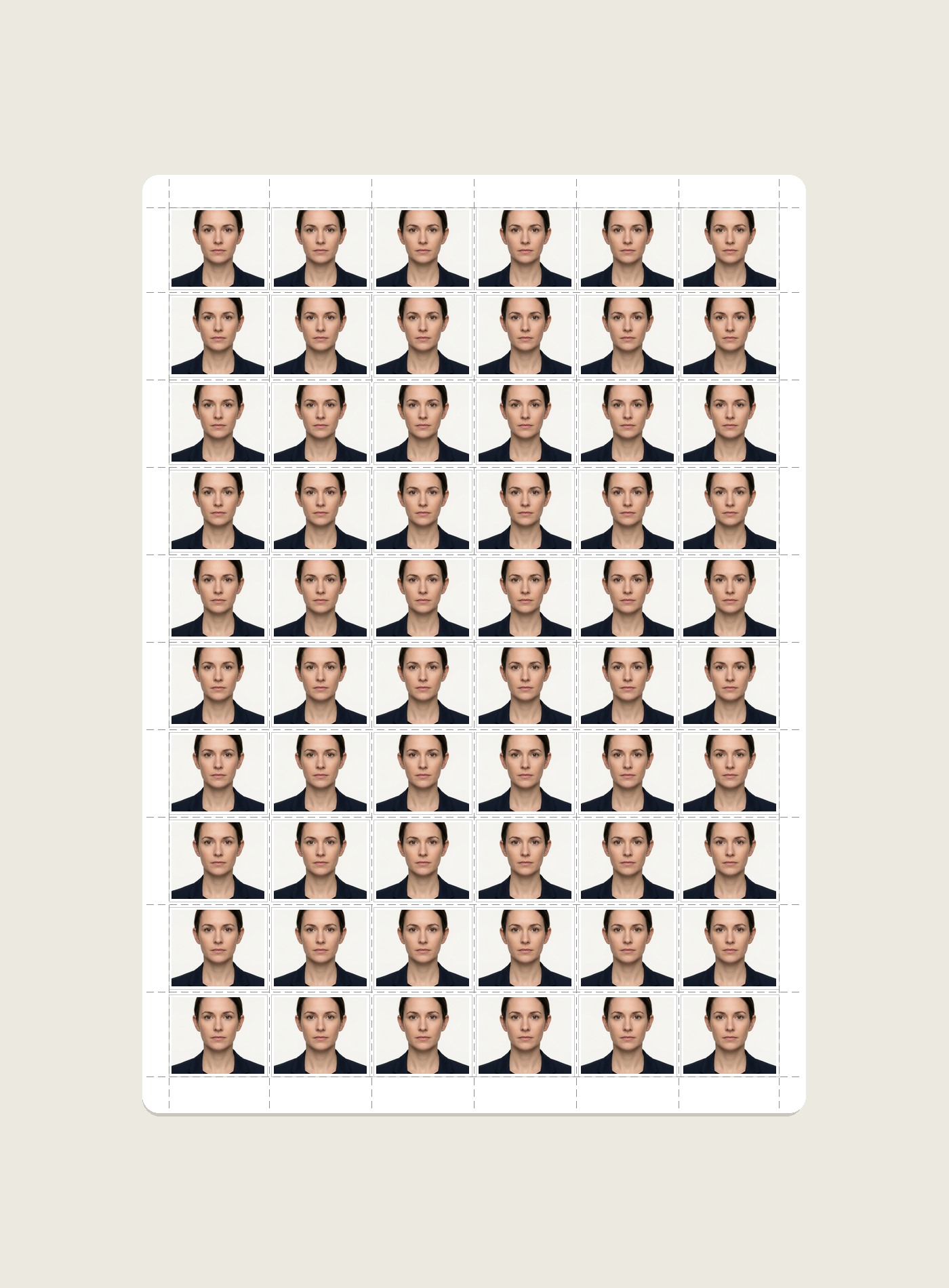 Illustrative A3 six-column by ten-row dense passport photo slot layout