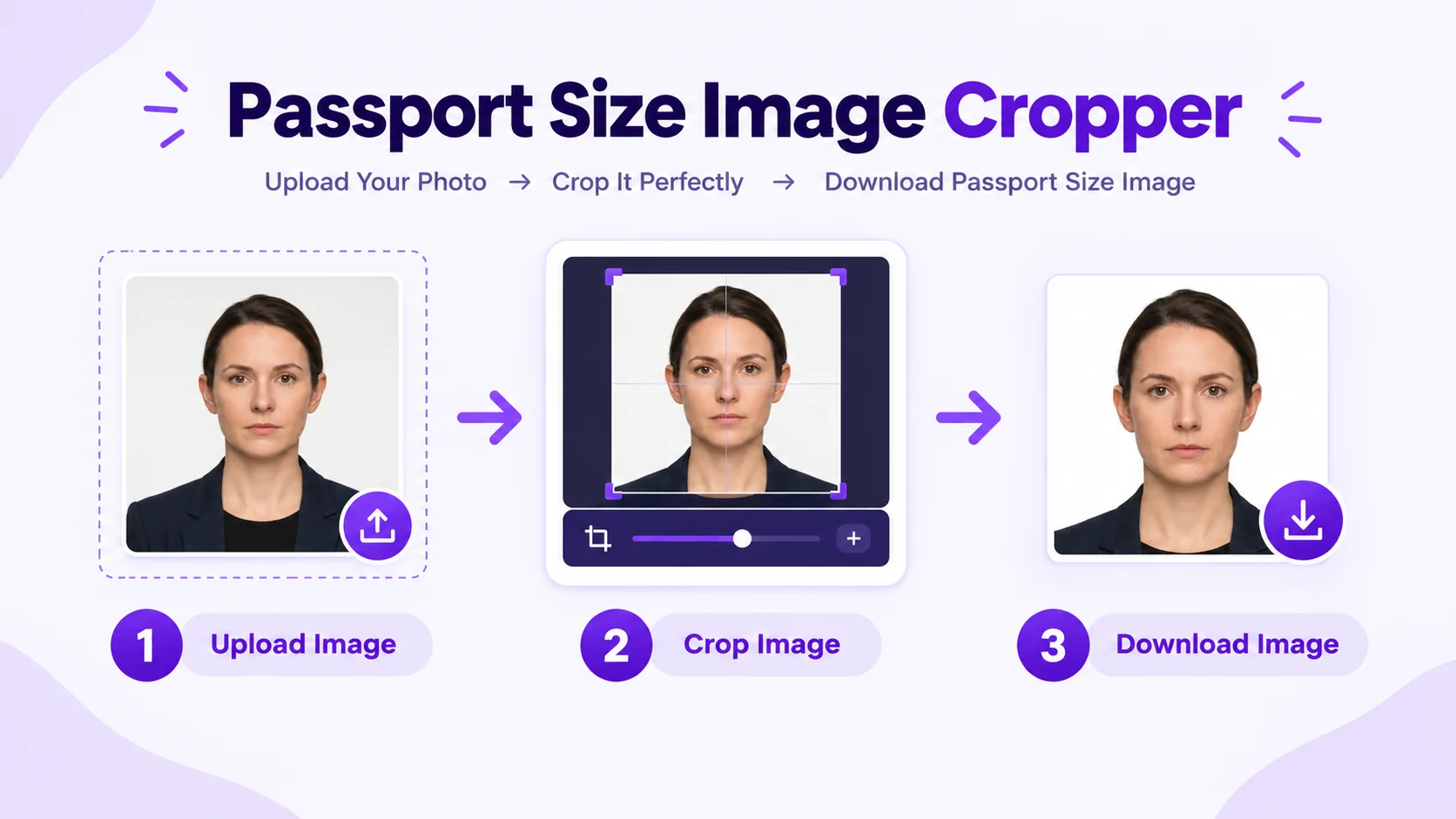 Passport-photo crop interface showing a selected size and portrait frame