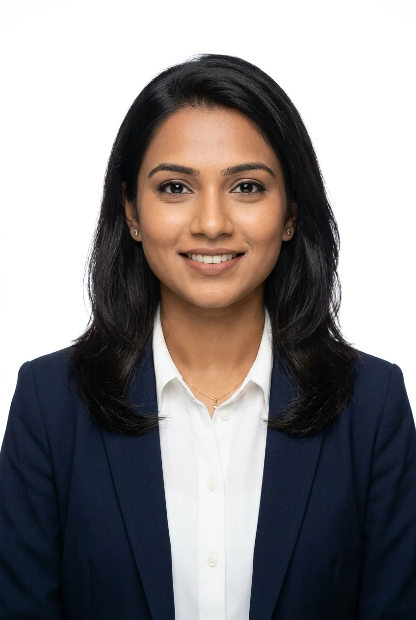 Passport-style portrait on a clean plain white background example