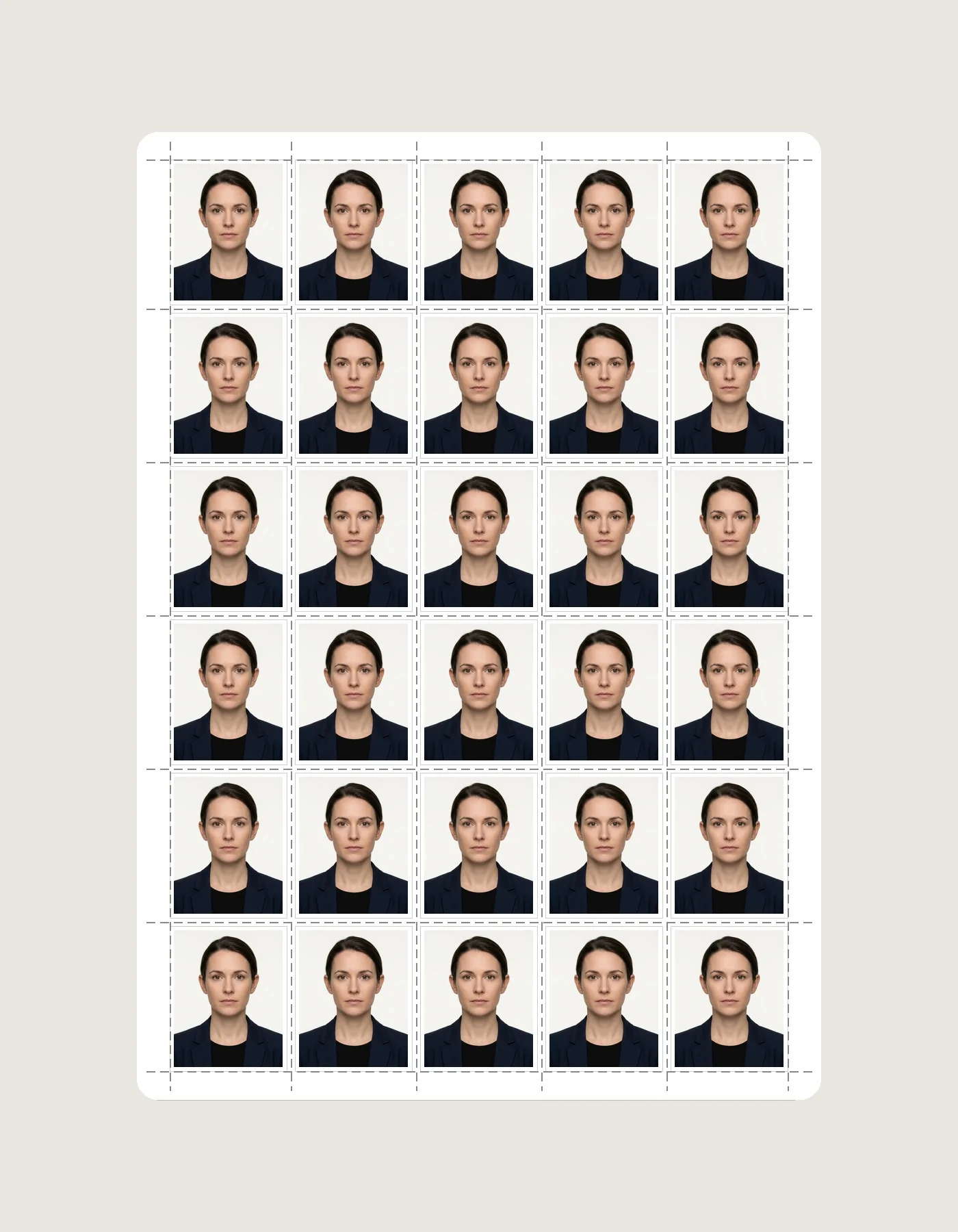 Example passport photo print sheet used for checking layout and physical print size